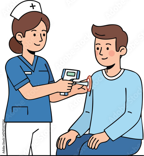 Female nurse checking a male patients temperature with a non contact thermometer.