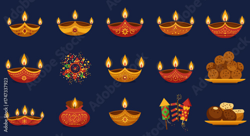 15 festive icons 10 diyas oil lamps rangoli firecrackers  2 plates of sweets on a dark background