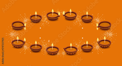 A circular arrangement of 12 lit diya lamps on an orange backdrop adorned with white sparklers