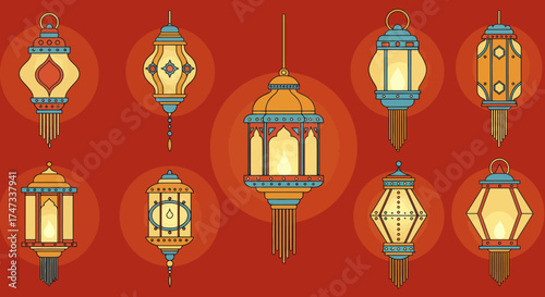 A group of ten illustrated lanterns are arranged against a red background with circular shading