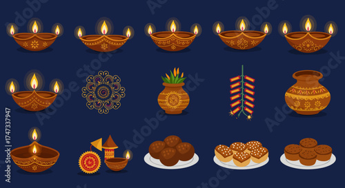 A vibrant array of Diwali icons featuring diyas sweets and festive decorations on a dark blue background