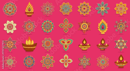 A pink background features floral mandalas and oil lamps in varying designs and vibrant colors