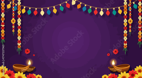 A festive purple backdrop with hanging lights garlands diyas and flowers