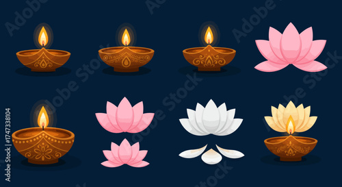 Collection of four diyas oil lamps and four lotus flowers on a dark blue background