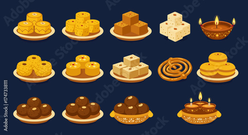 Colorful spread of Indian sweets on plates and lit clay oil lamps