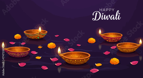 Depicts a Diwali scene with lit diyas flower petals  marigolds afloat on a dark reflective surface Happy Diwali text above