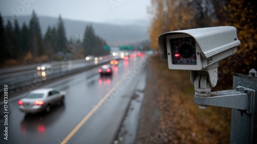 Highway surveillance camera on rainy day, focused on the camera. Illustrates security, traffic monitoring, and infrastructure management.