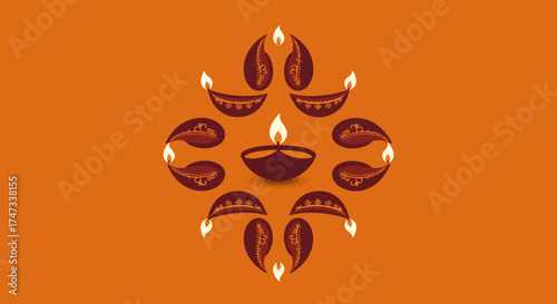 Diwali arrangement Diya lamps  paisley centered on an orange background