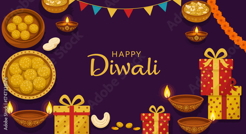 Diwali arrangement with sweets gifts diyas and festive banner on purple background