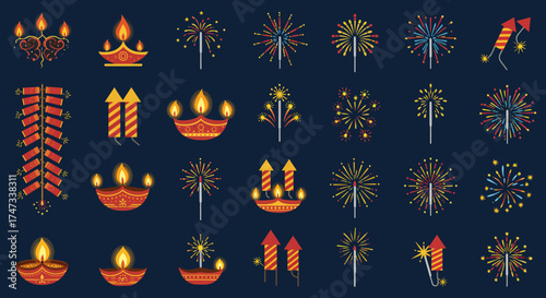 Diwali festival vector art shows fireworks firecrackers and oil lampsdiyas on a navy background