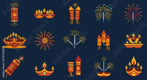 Diwali icons firecrackers  oil lamps adorn a dark blue backdrop