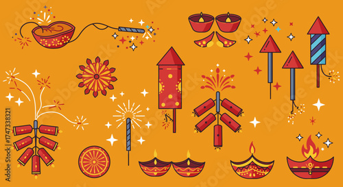 Diwali icons oil lamps firecrackers  rockets on orange background