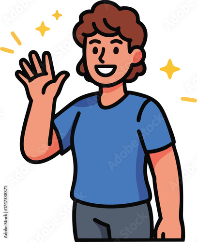 Cartoon person waving with a cheerful expression and sparkling aura.