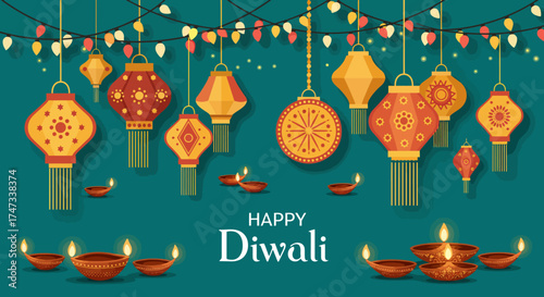 Diwali illustration featuring hanging lanterns lit diyas and string lights on a teal background