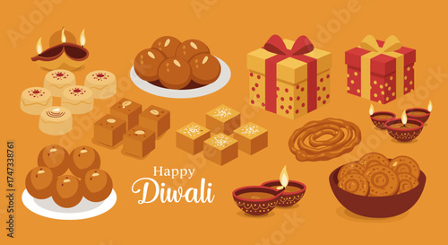 Diwali scene with sweets gift boxes  diyas on orange backdrop displays treats and celebratory lighting for the holiday