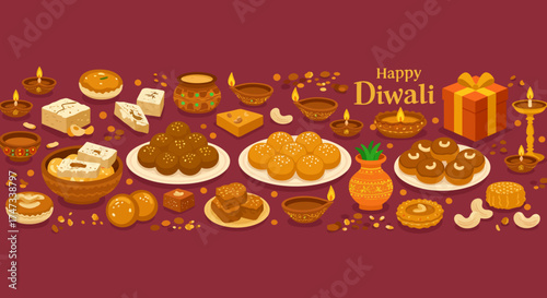 Diwali sweets and gifts with lit diyas on a burgundy backdrop celebrate the Hindu festival of lights