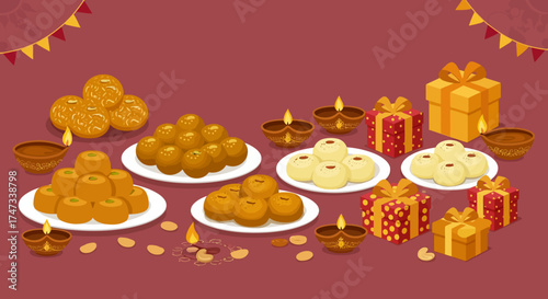 Diwali spread Sweets diyas gifts