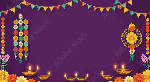 Festival background features garlands flags flowers and lit oil lamps on a purple background