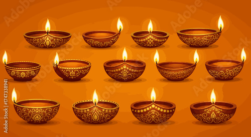 Eleven lit diyas on an orange background each featuring intricate gold designs arranged in three horizontal rows