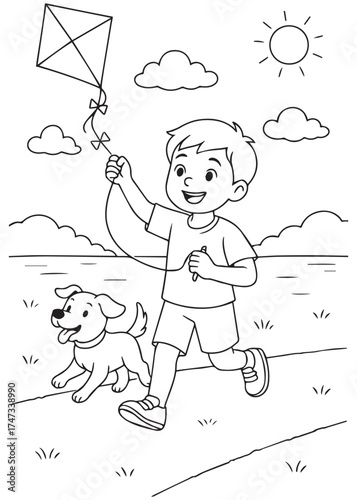 coloring book boy flying kite with dog in sunny park scene, cheerful outdoor activity illustration