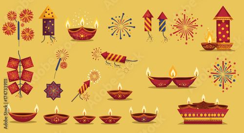 Festive Diwali scene with diverse firecrackers  clay diya lamps on mustard background
