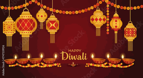 Festive Diwali image lanterns garland  diyas against a maroon background