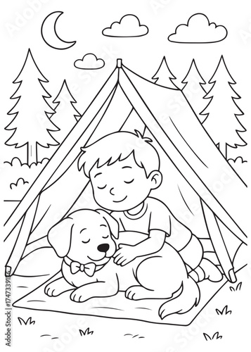 coloring book boy camping with dog inside tent at night, cozy adventure illustration