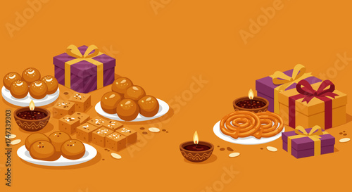Festive sweets  gifts plates of laddus jalebi  barfi alongside lit diyas and wrapped presents on a bright orange backdrop