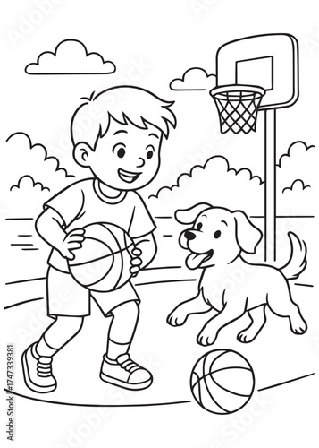 coloring book boy playing basketball with dog in yard, sporty fun activity illustration