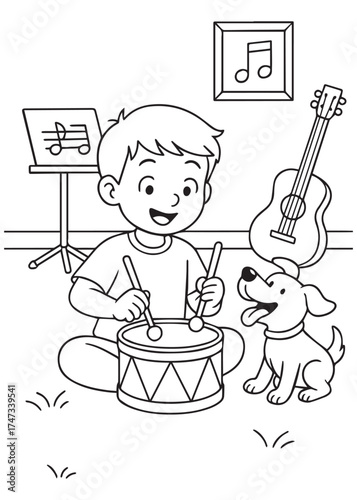 coloring book boy playing drum with dog listening, indoor music activity illustration