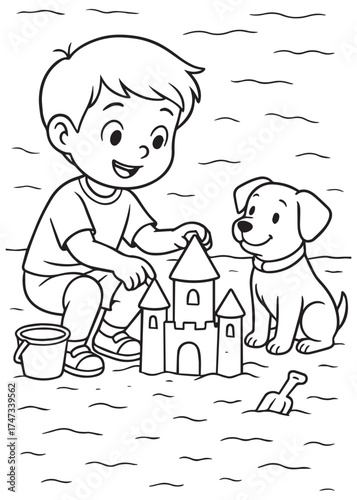 coloring book boy building sandcastle with dog on beach, fun summer activity illustration