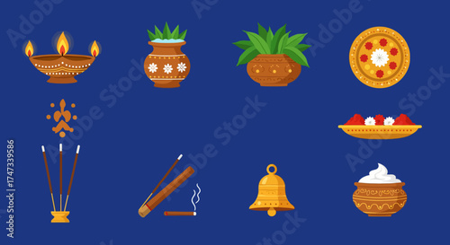 Hindu Puja symbols diya pots with plants plate with flowers incense sticks bell and pot with cream on a blue background