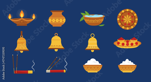 Hindu ritual items diya pot bell incense plate rice and vessel arranged on a dark blue background
