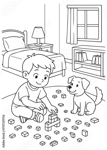coloring book boy playing blocks with dog indoors, fun creative activity illustration