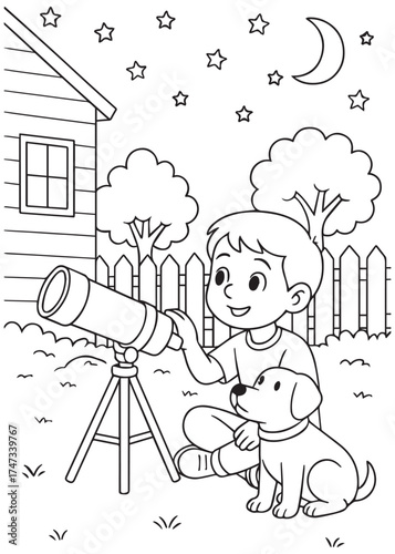 coloring book boy using telescope with dog at night, fun stargazing activity illustration