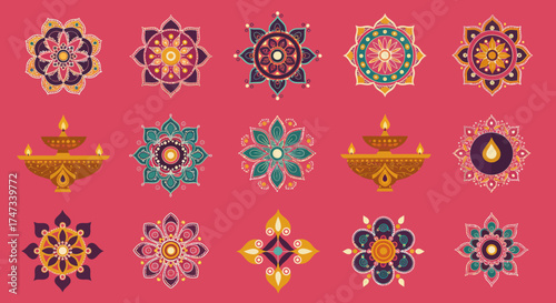 Image shows a red background covered with floral motifs and oil lamps