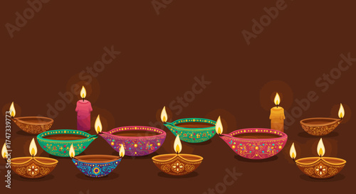 Image shows lit candles and decorated diya lamps on a solid brown background arranged in a row