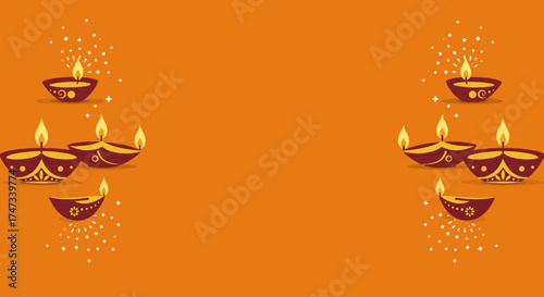 Image shows several lit diyas on an orange background