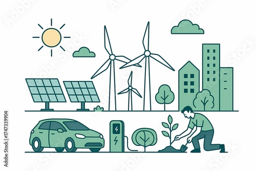 Renewable Energy Ecosystem Vector Illustration with Solar Panels, Wind Turbines, Electric Car, and Green Buildings