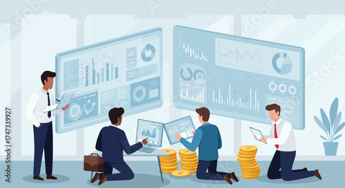 Business team analyzing financial data on futuristic interactive screens.