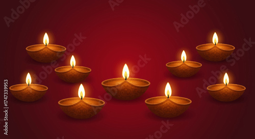Nine lit diya lamps small earthen oil lamps arranged in a row on a red gradient background