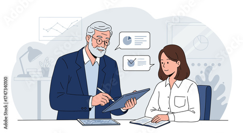 Business meeting between an experienced manager and a young employee discussing project.