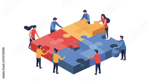 Teamwork Illustration People Collaborating on a Jigsaw Puzzle.