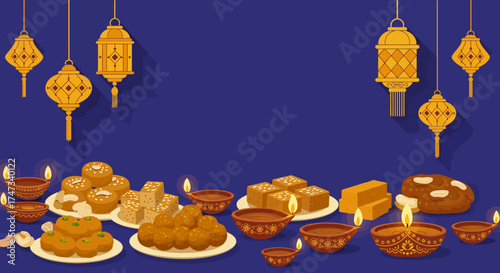 Sweets lanterns and oil lamps are arranged on a blue surface