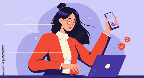 Young Woman Working on Laptop and Holding Smartphone.