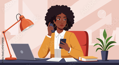 African American Businesswoman Juggling Multiple Phones at Her Desk.