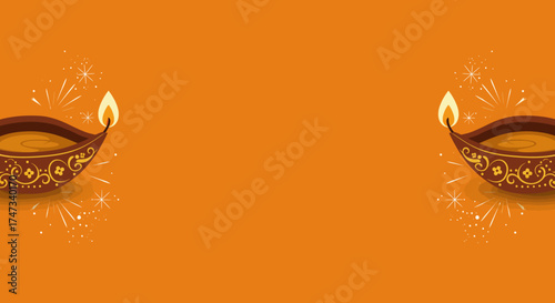 Two lamps with flames on an orange background and white decorations one on each side
