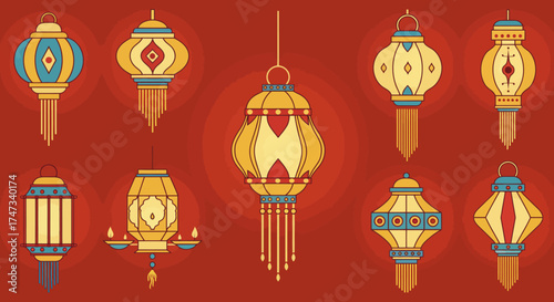 Ten stylized illuminated Diwali lanterns hang against a red radial gradient background