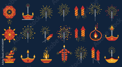 Vector illustration of Diwali symbols fireworks crackers and oil lamps on a dark blue background
