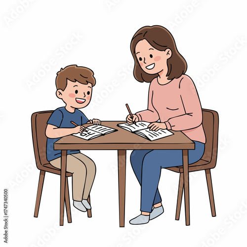 Cartoon Cute Young Boy and Woman Study Together Illustration
